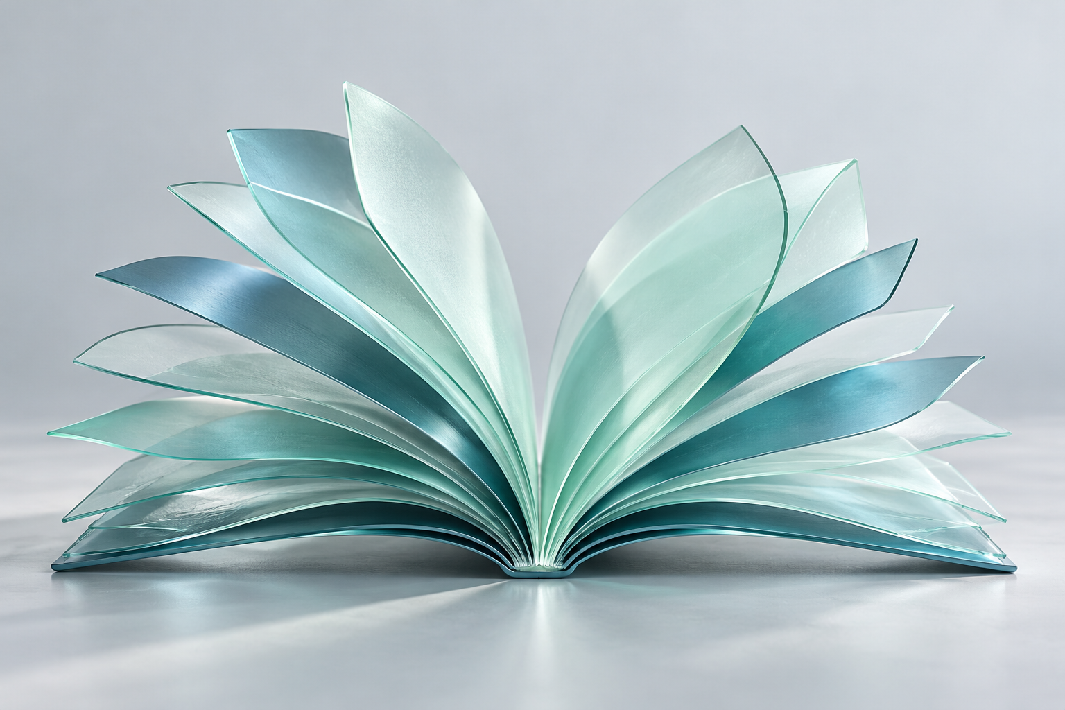 Sculptural open book made of translucent mint and blue pages